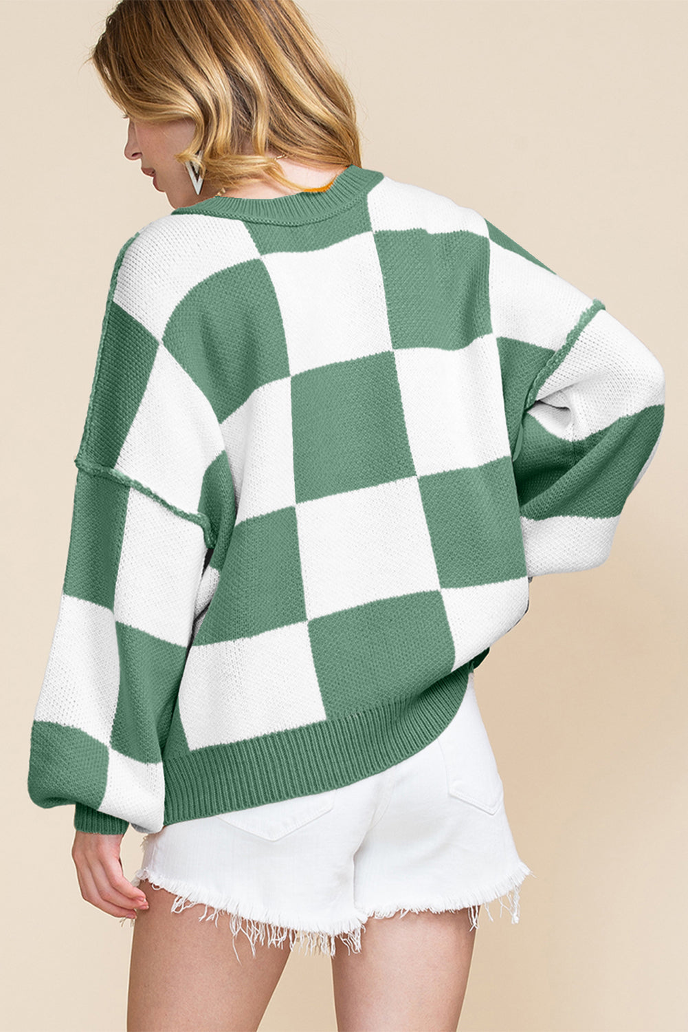 Checkered Bishop Sleeve Sweater Green