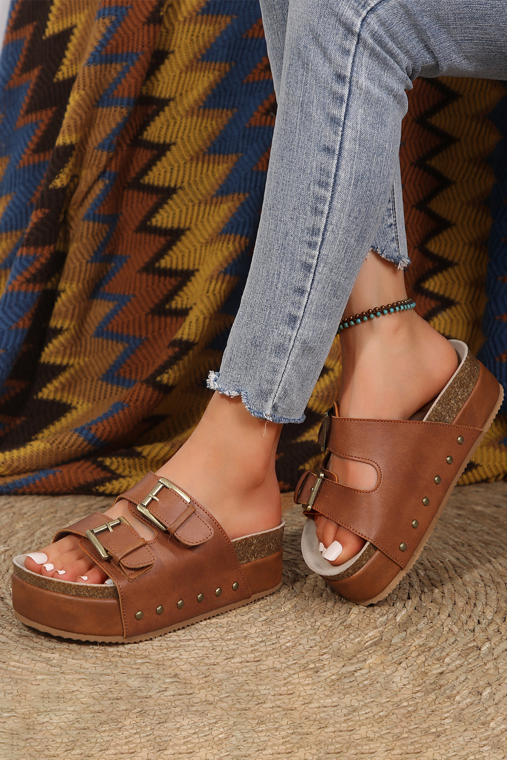 Chestnut Dual Buckle Studded Platform Sandal