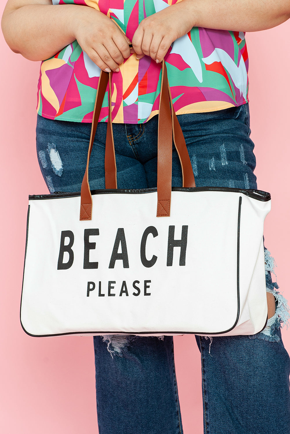 BEACH PLEASE Print Large Canvas Tote Bag