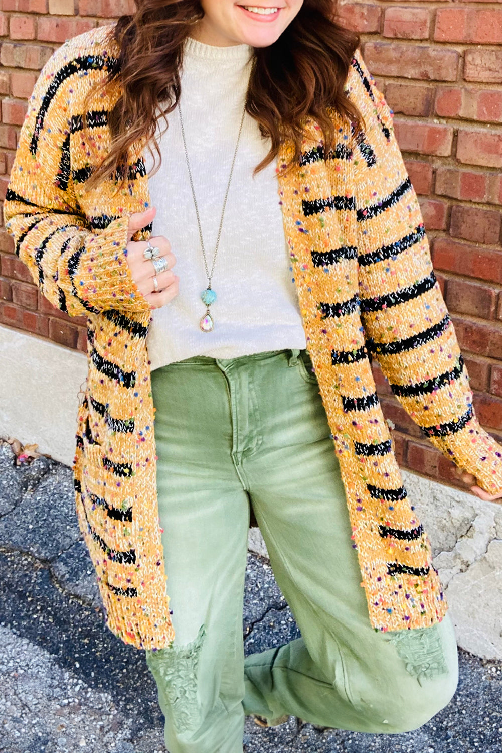 Multicolored Striped Pom Pom Knit Long Cardigan