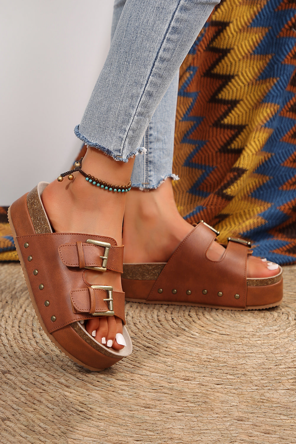 Chestnut Dual Buckle Studded Platform Sandal