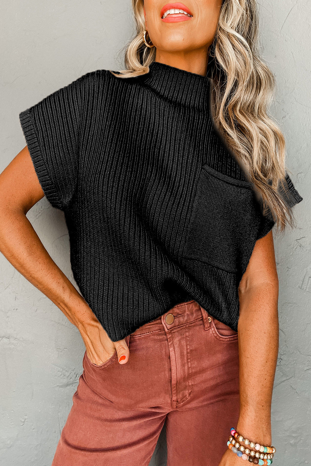 Black Patch Pocket Short Sleeve Sweater