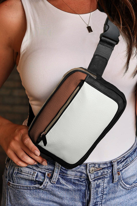 White Leather Colorblock Zipper Crossbody Bag w/ Removable Clip