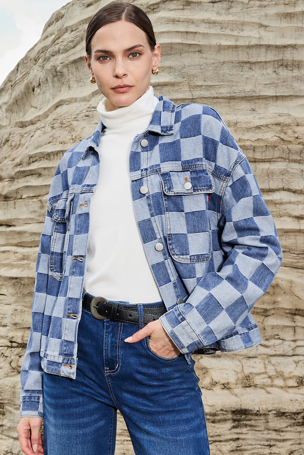 Checkered Patchwork Button up Denim Jacket