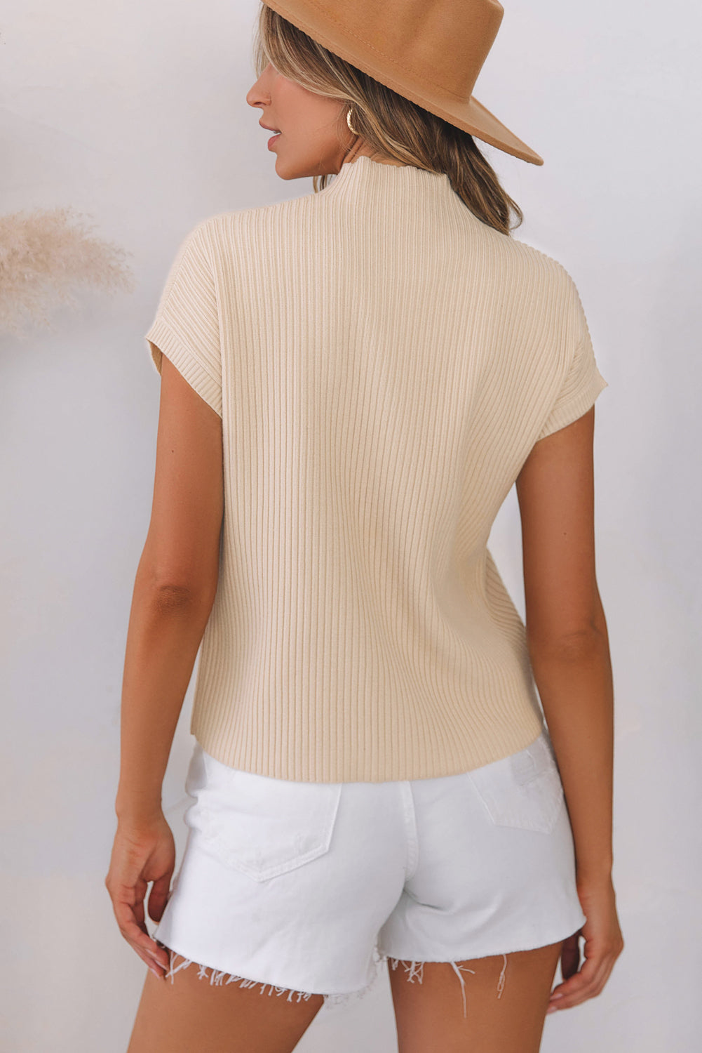 Beige Patch Pocket Short Sleeve Sweater