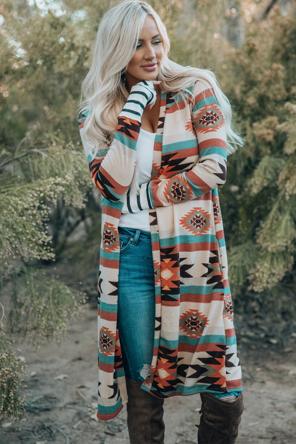 Aztec Geometric Open Front Long Cardigan