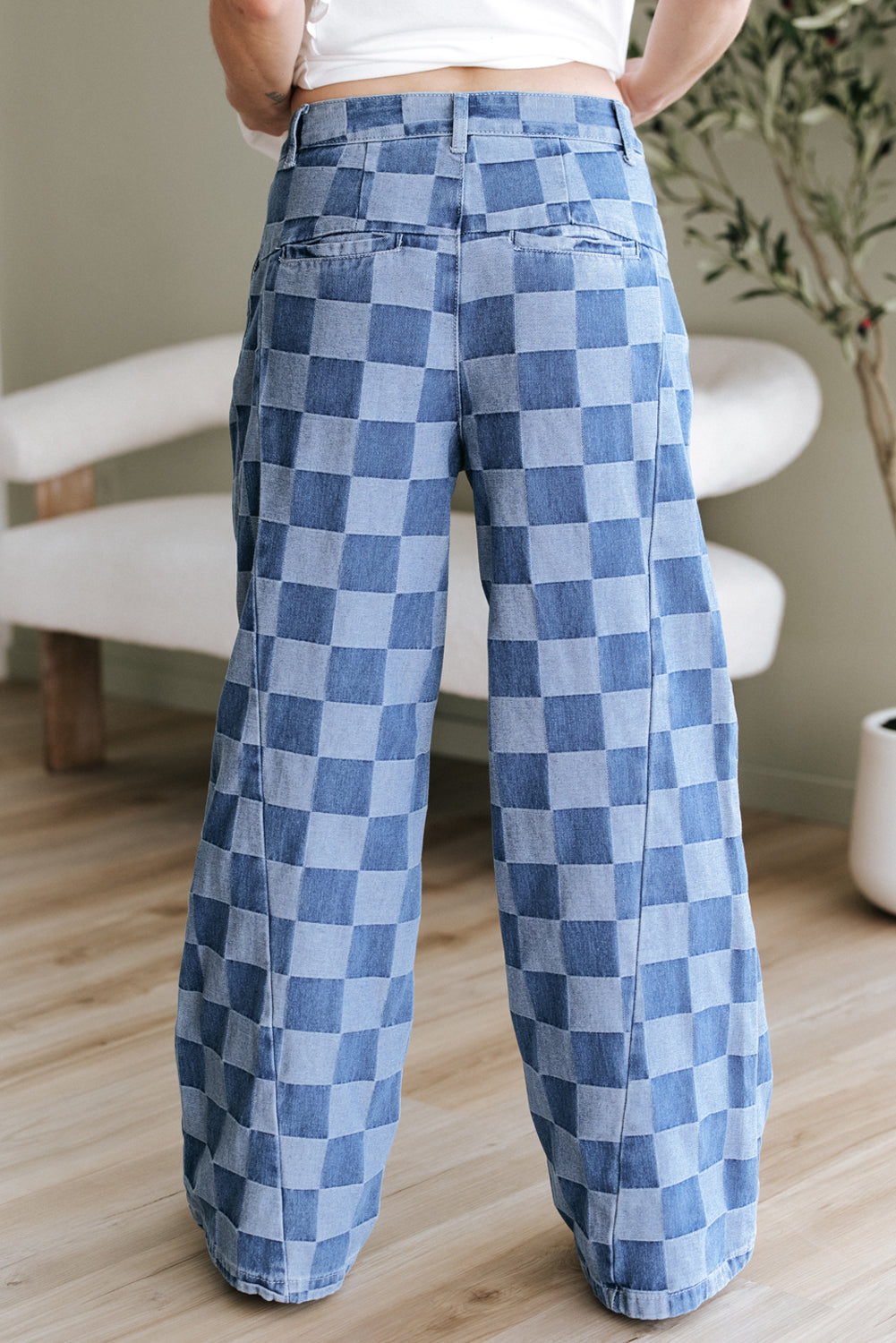 Retro Inspired Checkered Denim Wide Leg Jeans