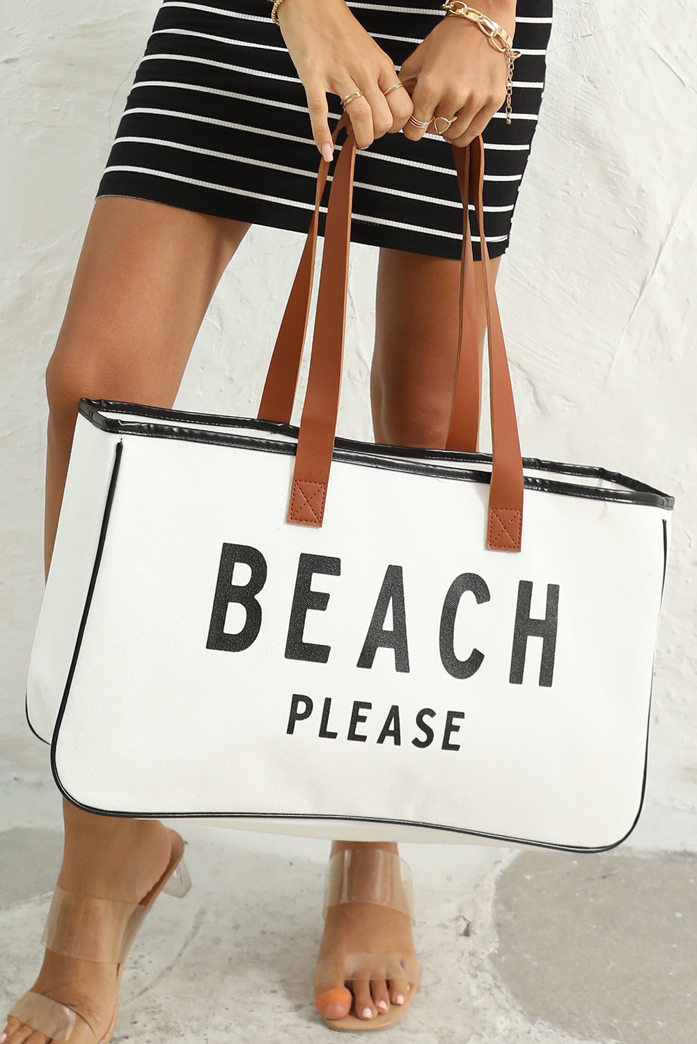 BEACH PLEASE Print Large Canvas Tote Bag