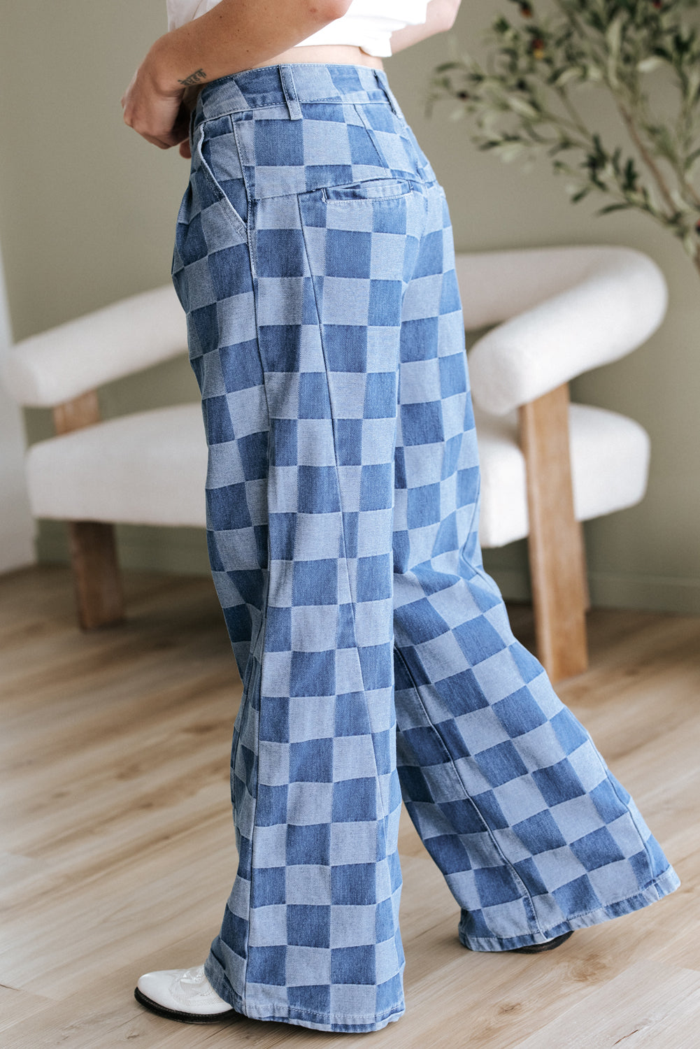 Retro Inspired Checkered Denim Wide Leg Jeans