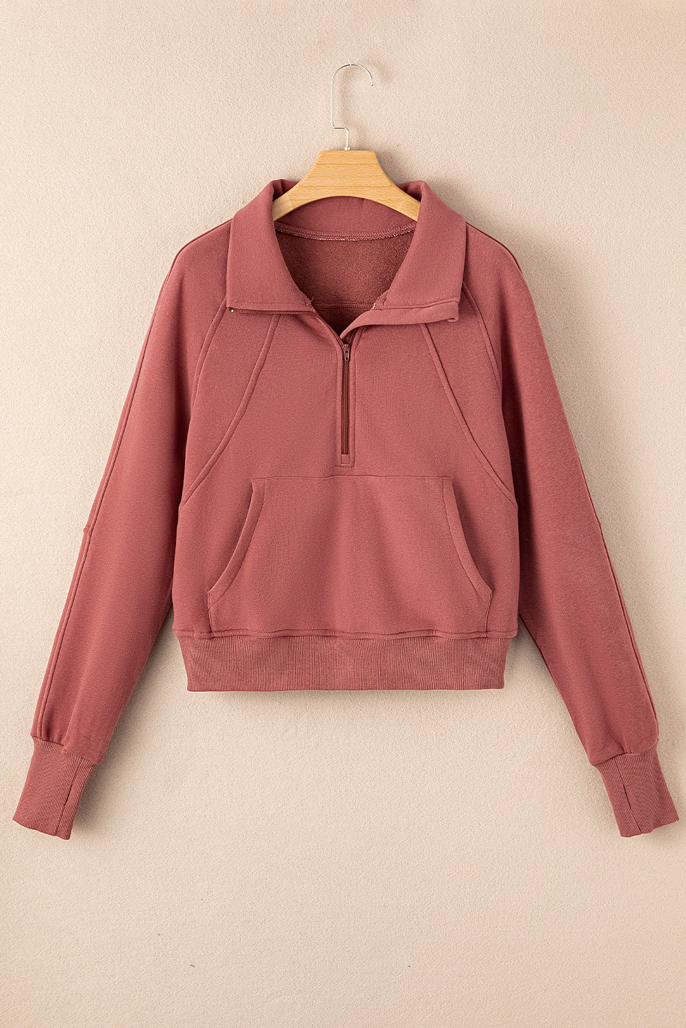 Standing Collar Thumbhole Long Sleeve Zip Up Sweater