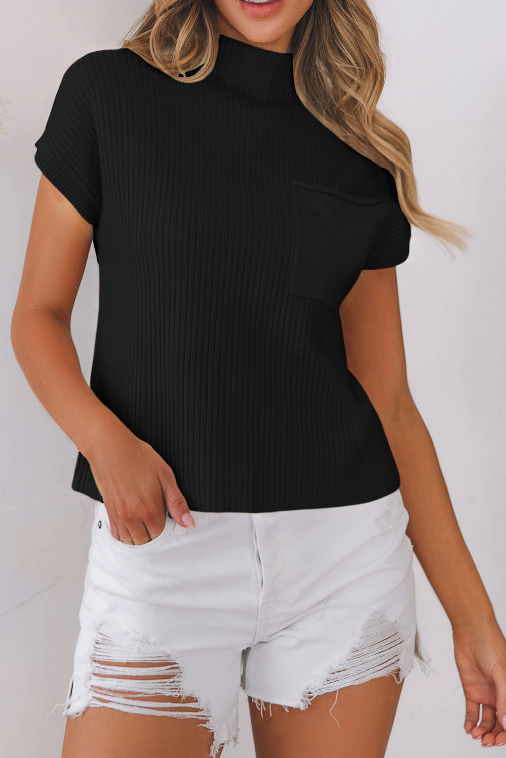 Black Patch Pocket Short Sleeve Sweater