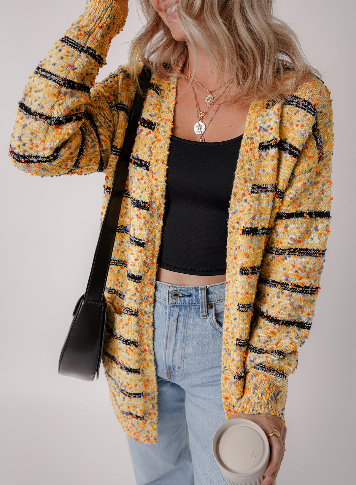 Multicolored Striped Pom Pom Knit Long Cardigan