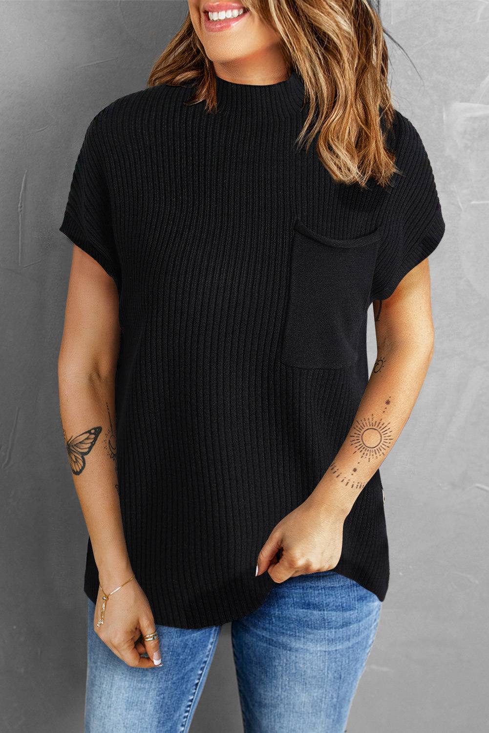 Black Patch Pocket Short Sleeve Sweater