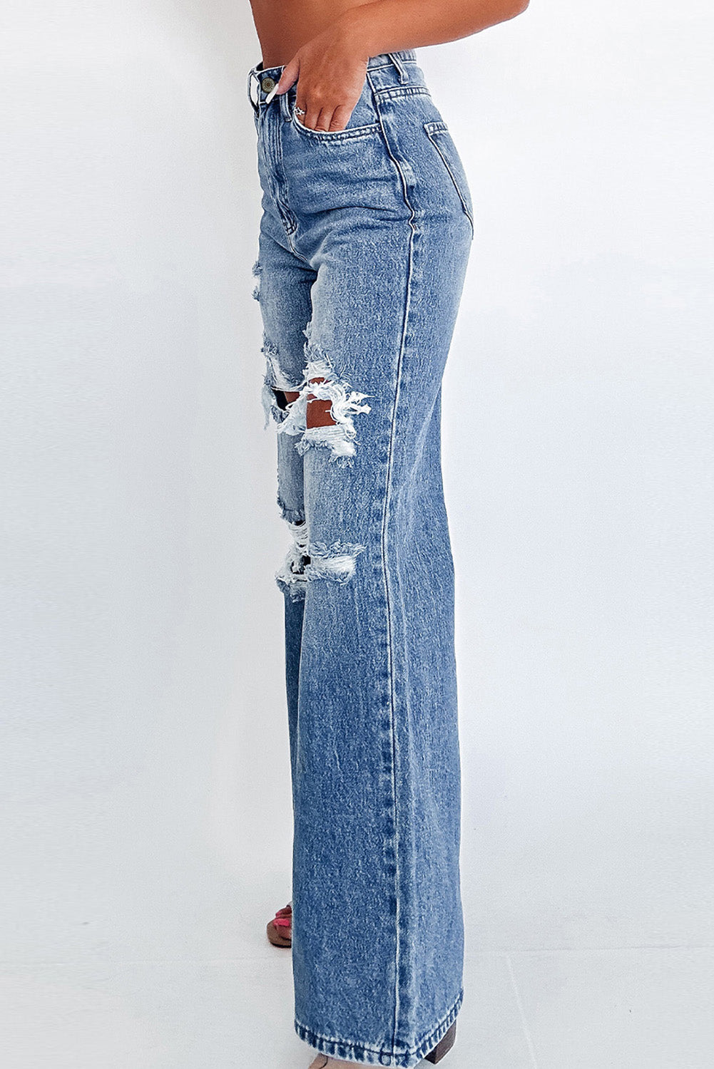 Leila Blue Acid Wash Distressed Wide Leg High Waist Jeans