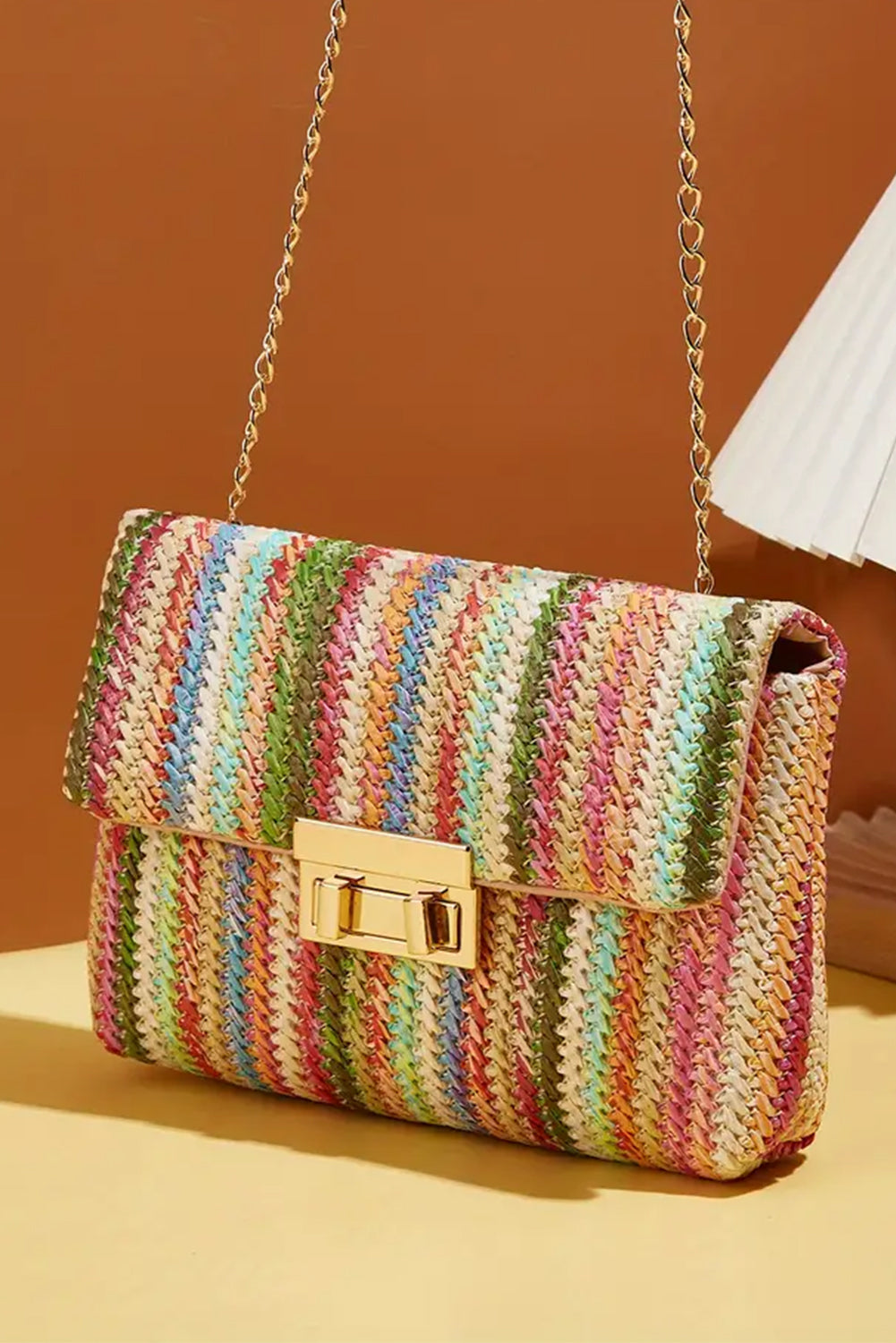 Striped Pink Bohemian Woven Gold Chain Shoulder Bag