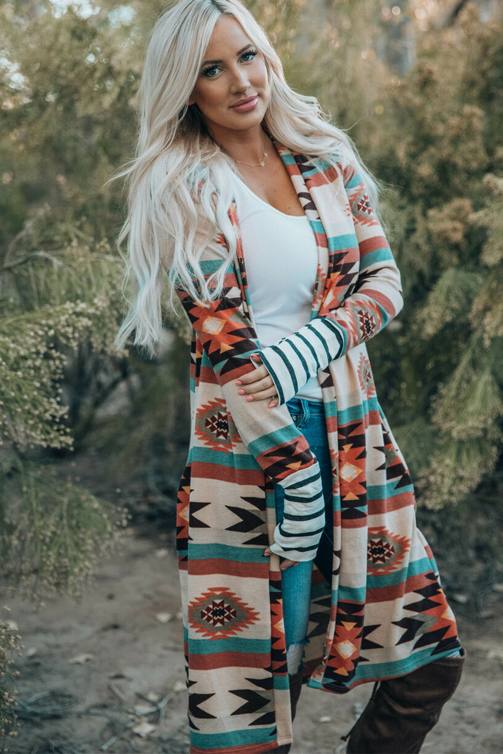 Aztec Geometric Open Front Long Cardigan