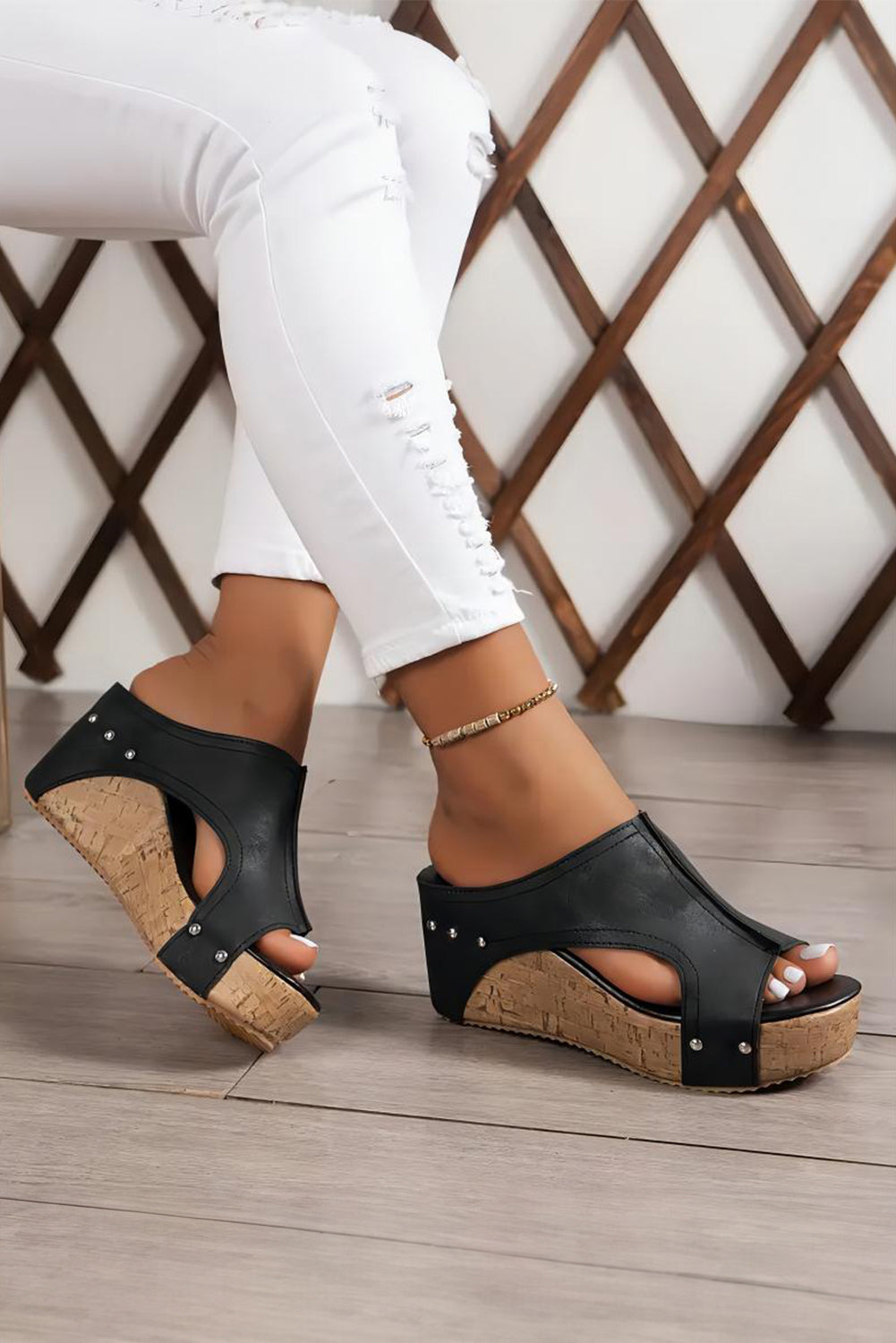 Sleek Hollow Out Studded Wedge Slippers