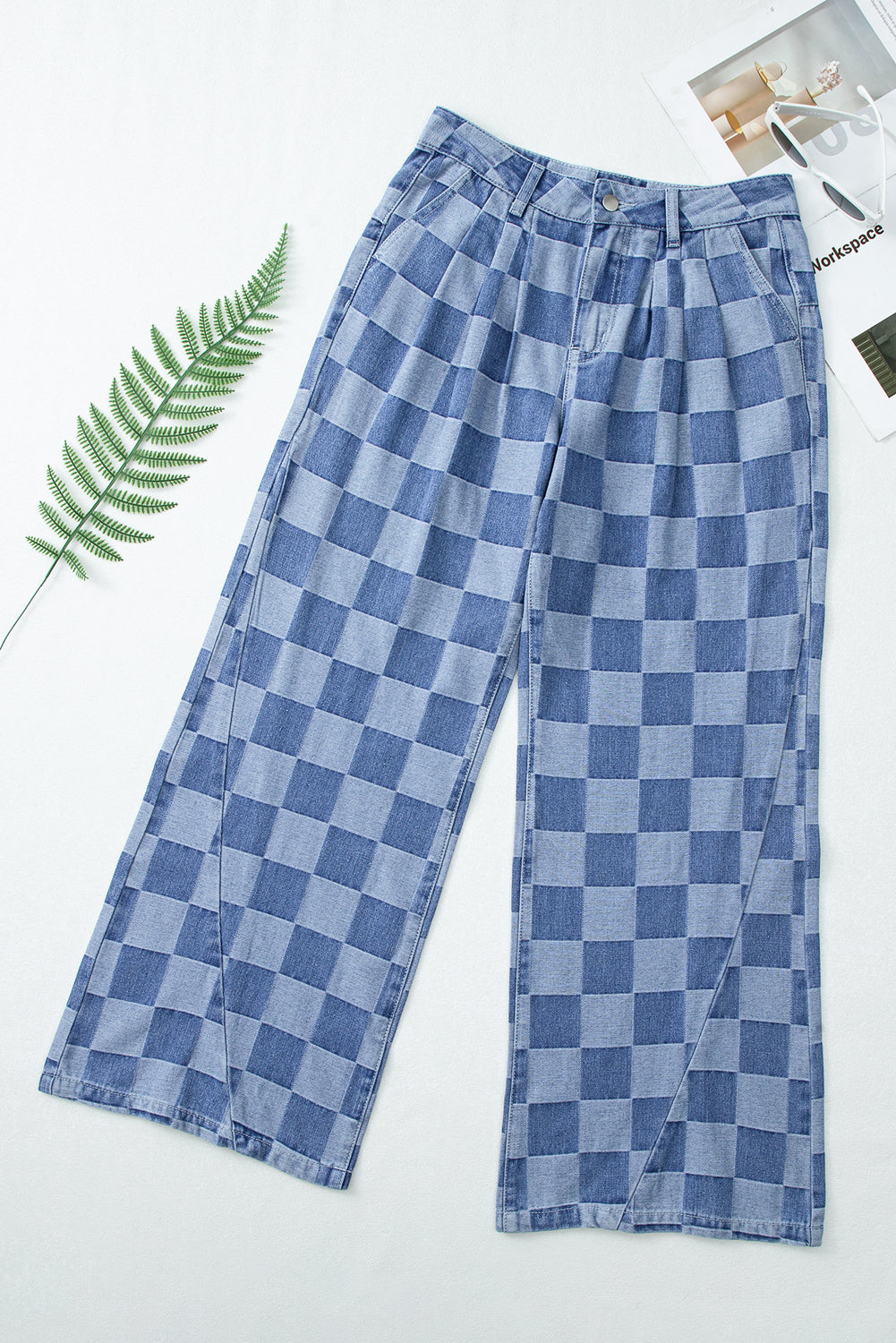 Retro Inspired Checkered Denim Wide Leg Jeans