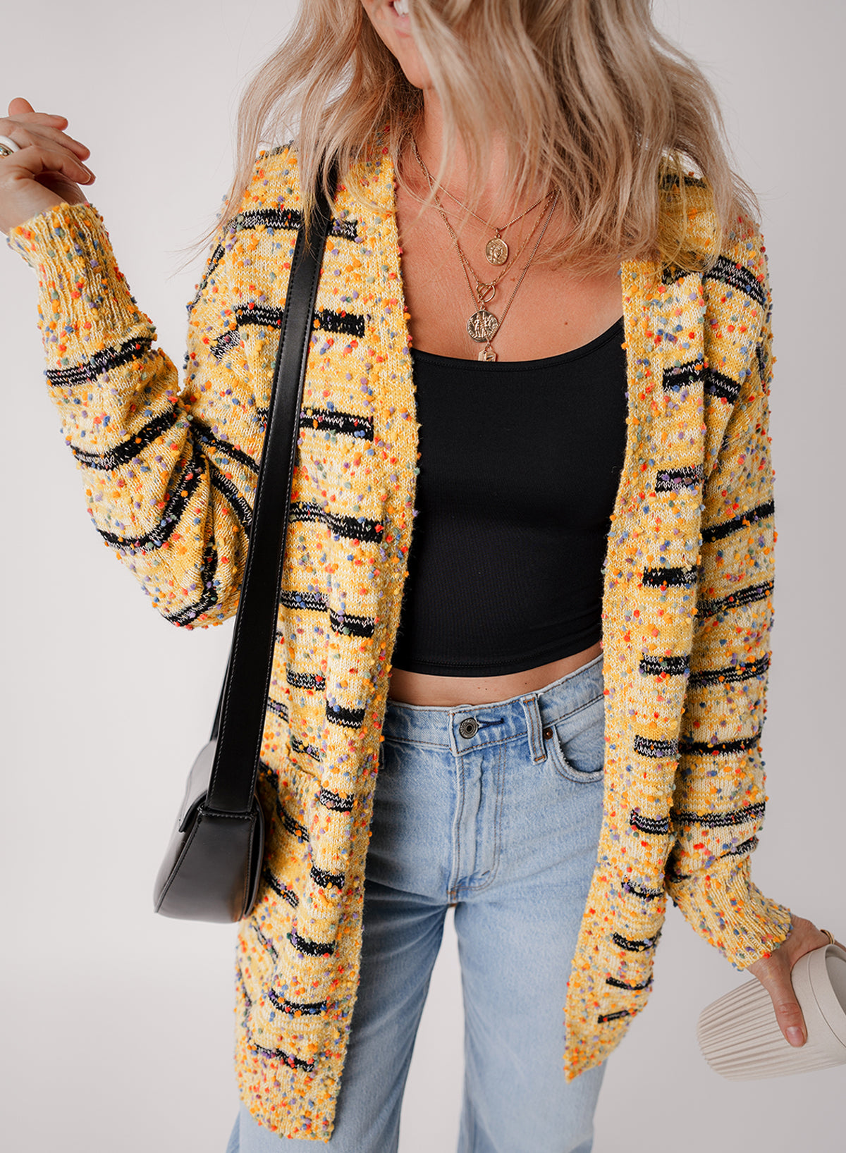 Multicolored Striped Pom Pom Knit Long Cardigan