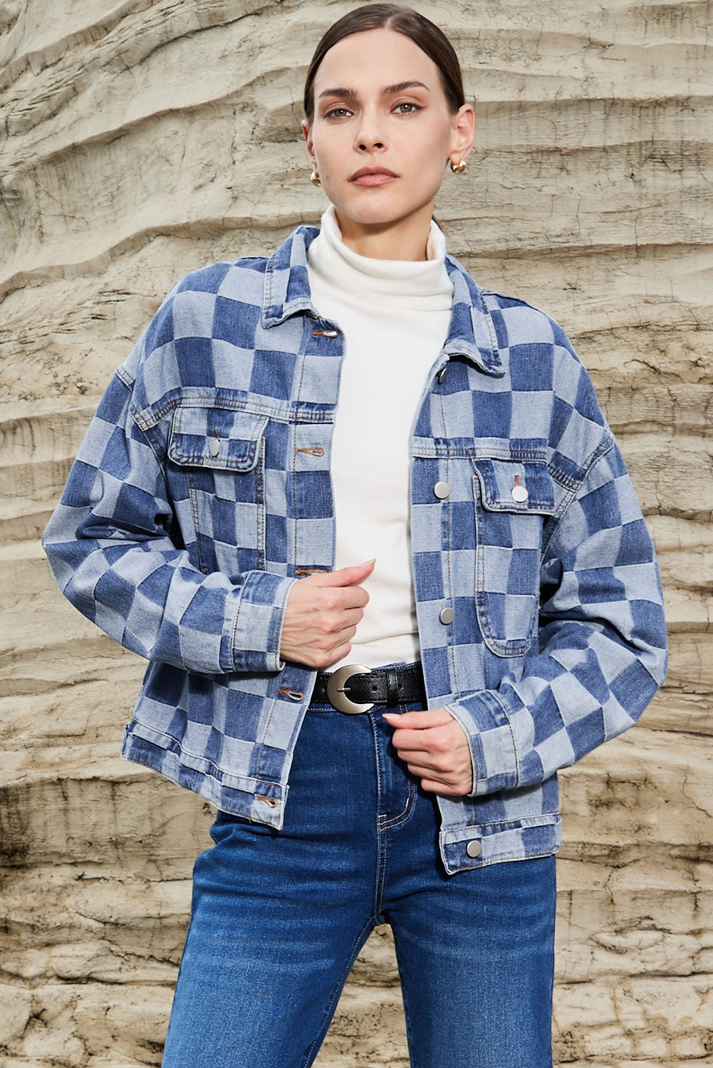 Checkered Patchwork Button up Denim Jacket