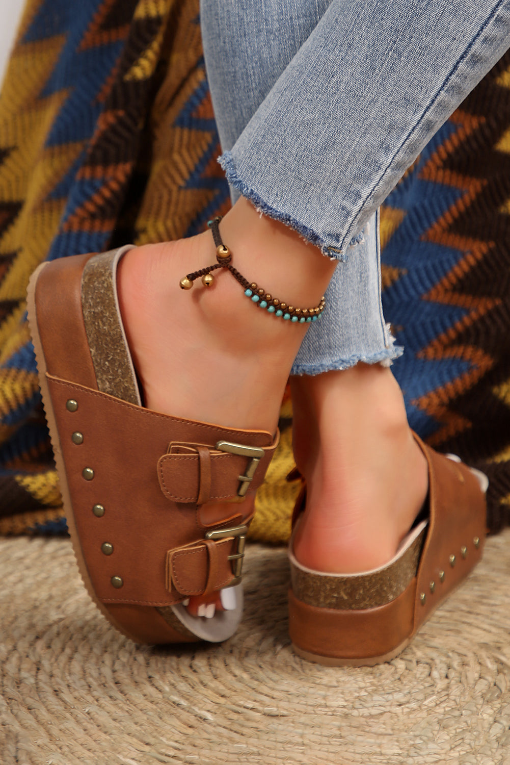 Chestnut Dual Buckle Studded Platform Sandal