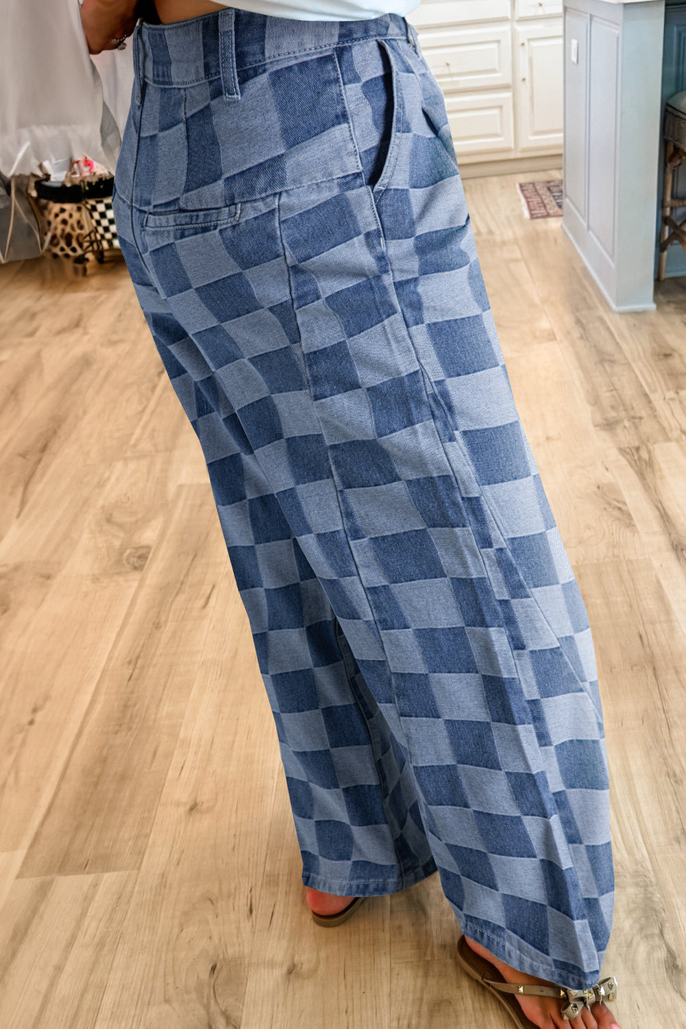 Retro Inspired Checkered Denim Wide Leg Jeans