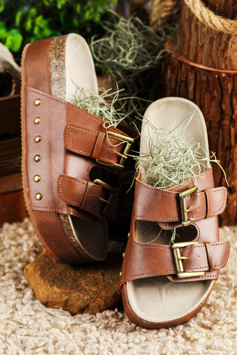 Chestnut Dual Buckle Studded Platform Sandal