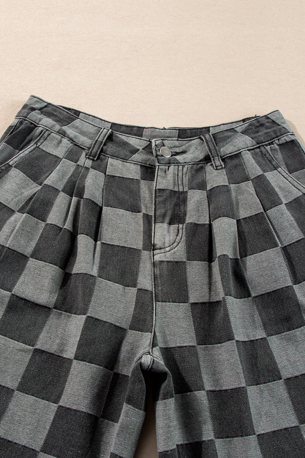 Dark Grey Retro Inspired Checkered Denim Wide Leg Jeans