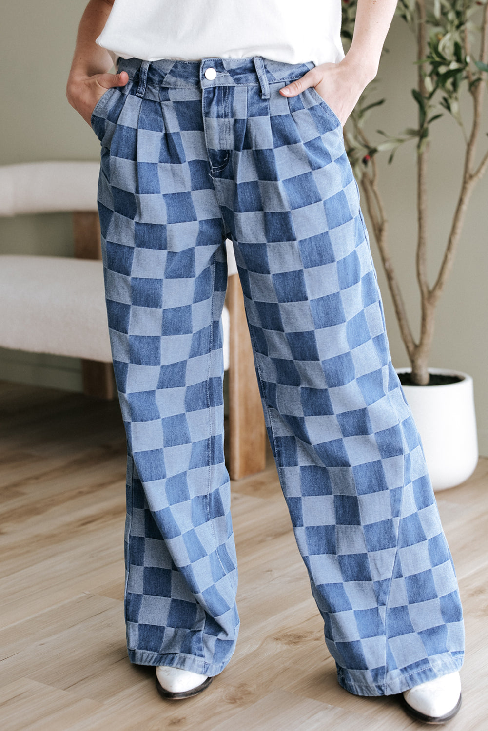 Retro Inspired Checkered Denim Wide Leg Jeans