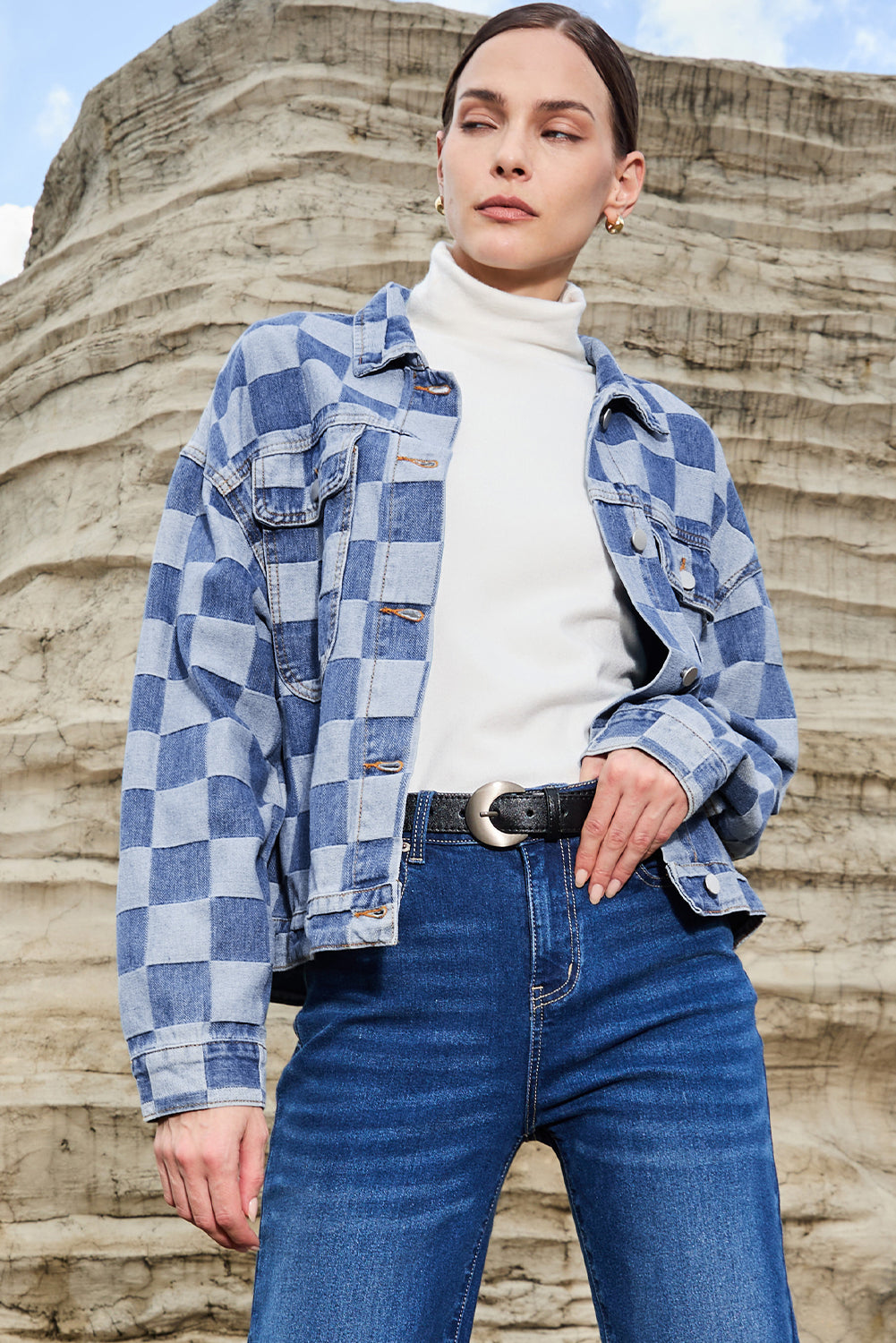 Checkered Patchwork Button up Denim Jacket