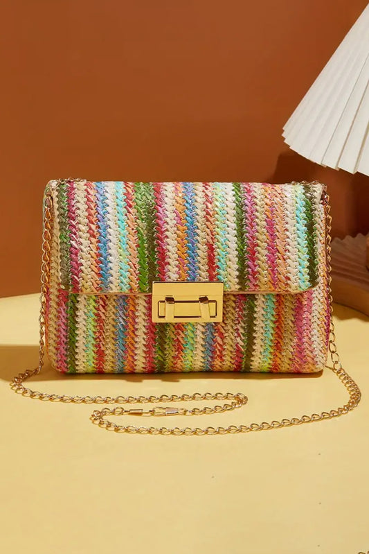 Striped Pink Bohemian Woven Gold Chain Shoulder Bag