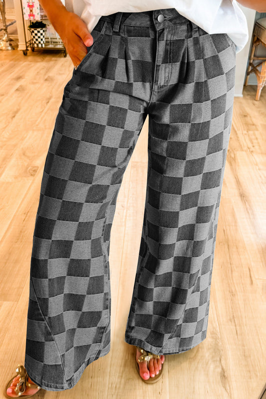 Dark Grey Retro Inspired Checkered Denim Wide Leg Jeans