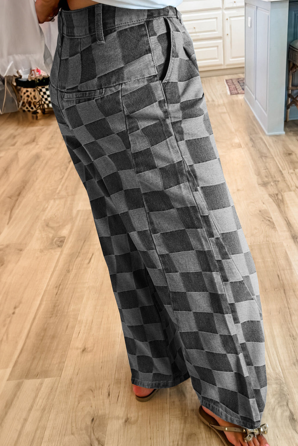 Dark Grey Retro Inspired Checkered Denim Wide Leg Jeans