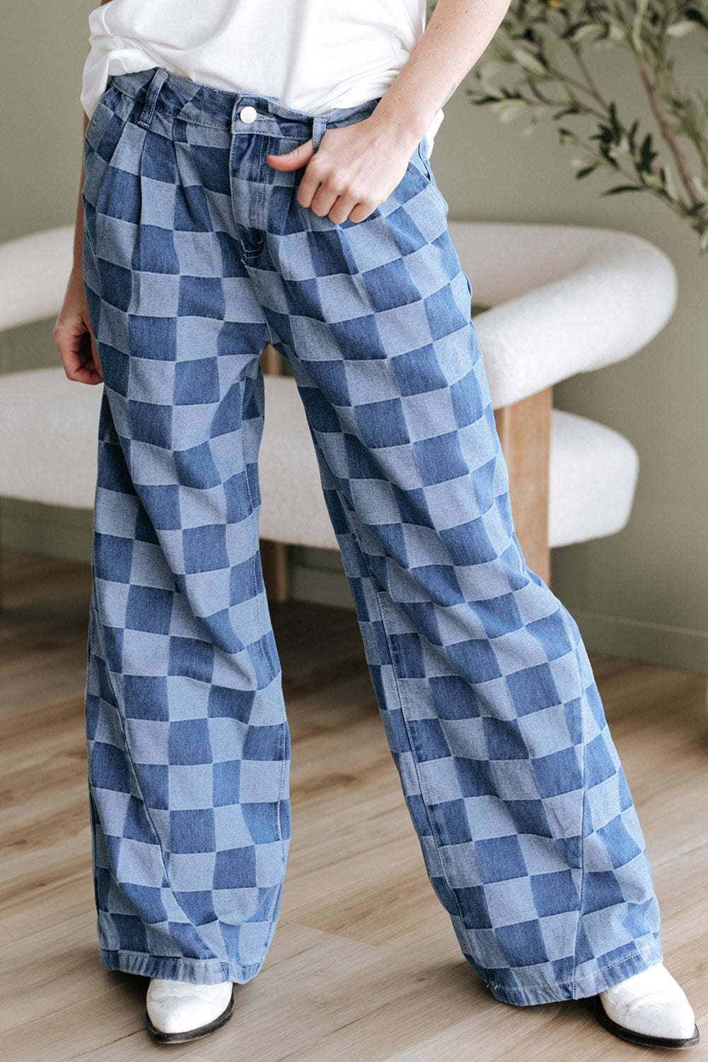 Retro Inspired Checkered Denim Wide Leg Jeans