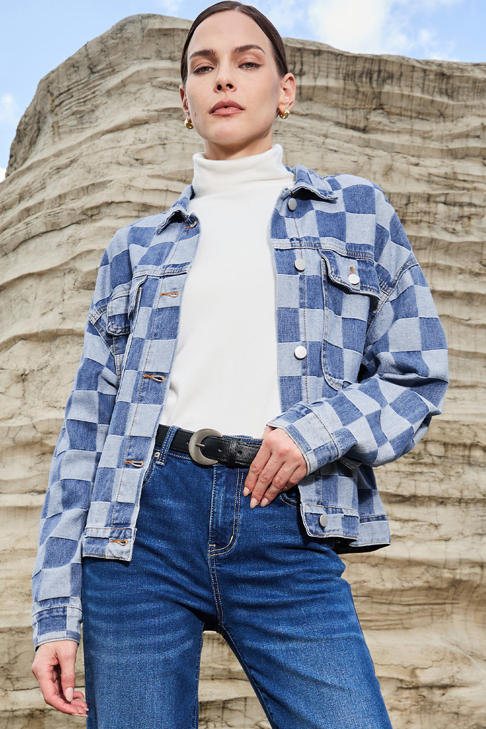 Checkered Patchwork Button up Denim Jacket