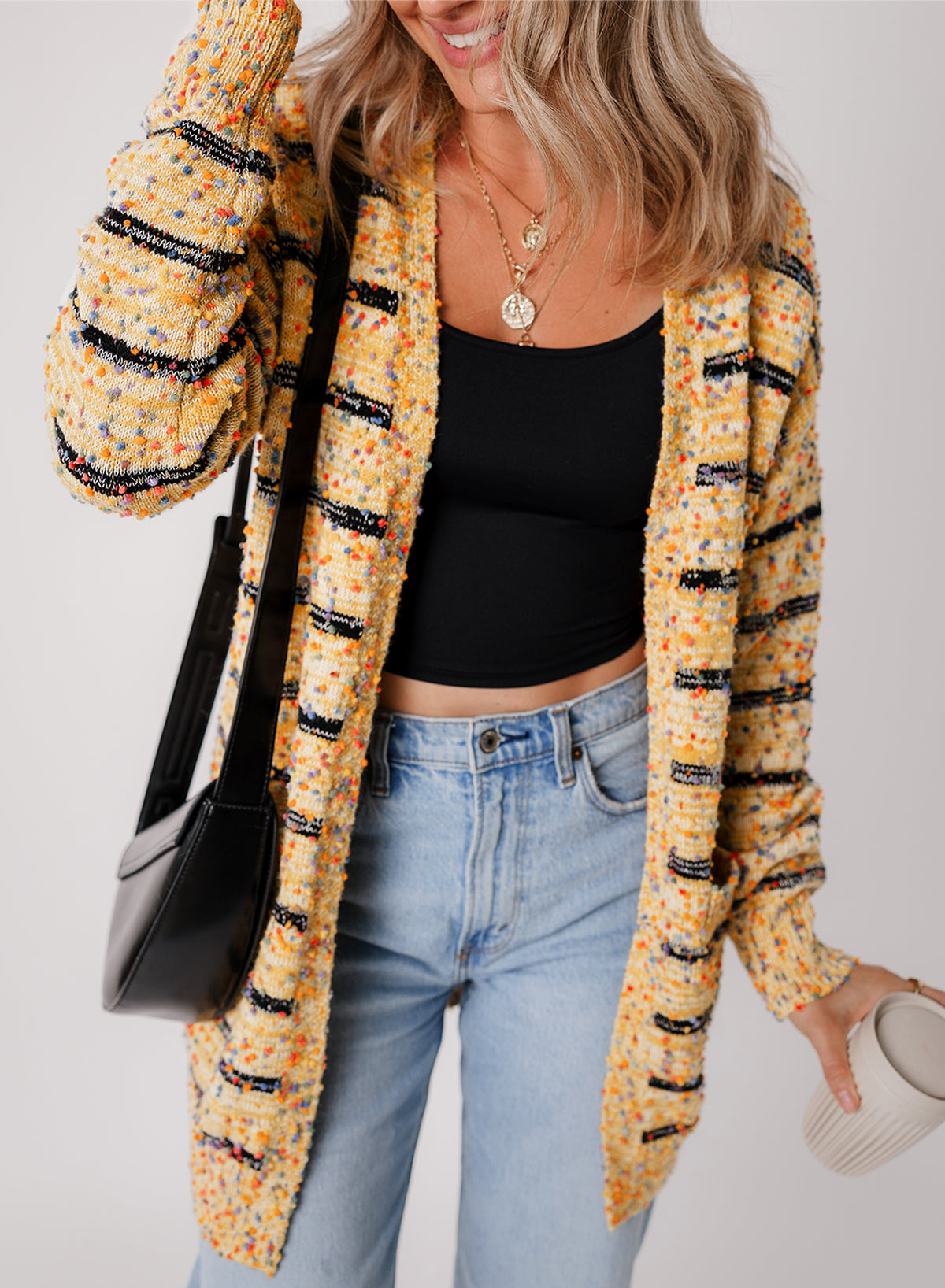 Multicolored Striped Pom Pom Knit Long Cardigan