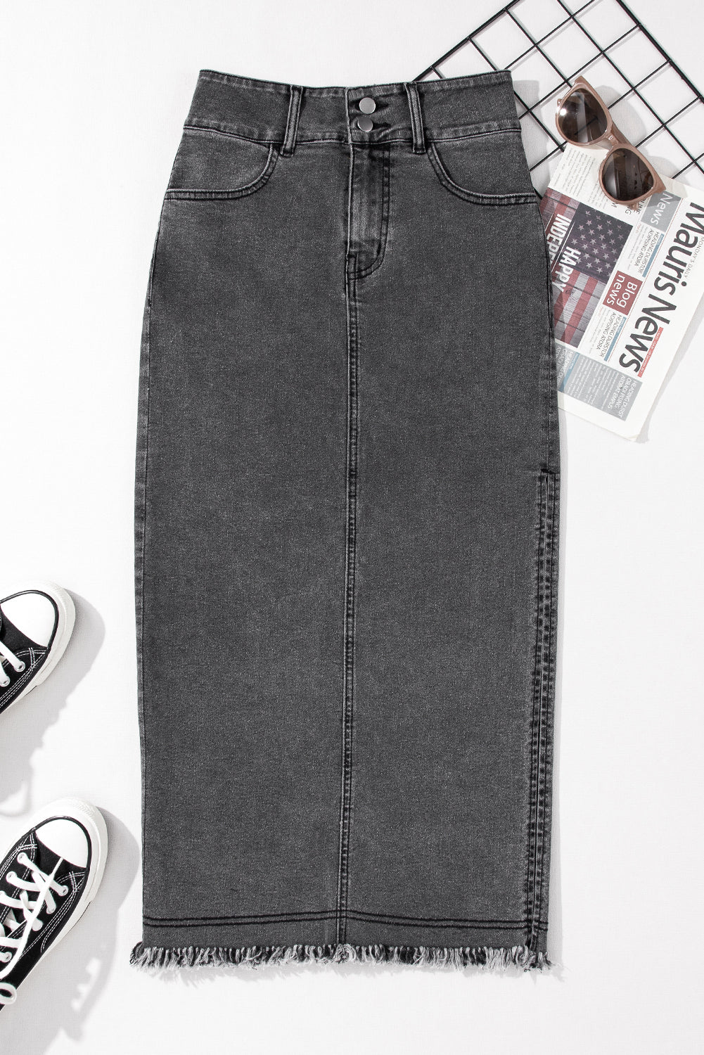 Black Raw Edge Midi Denim Skirt