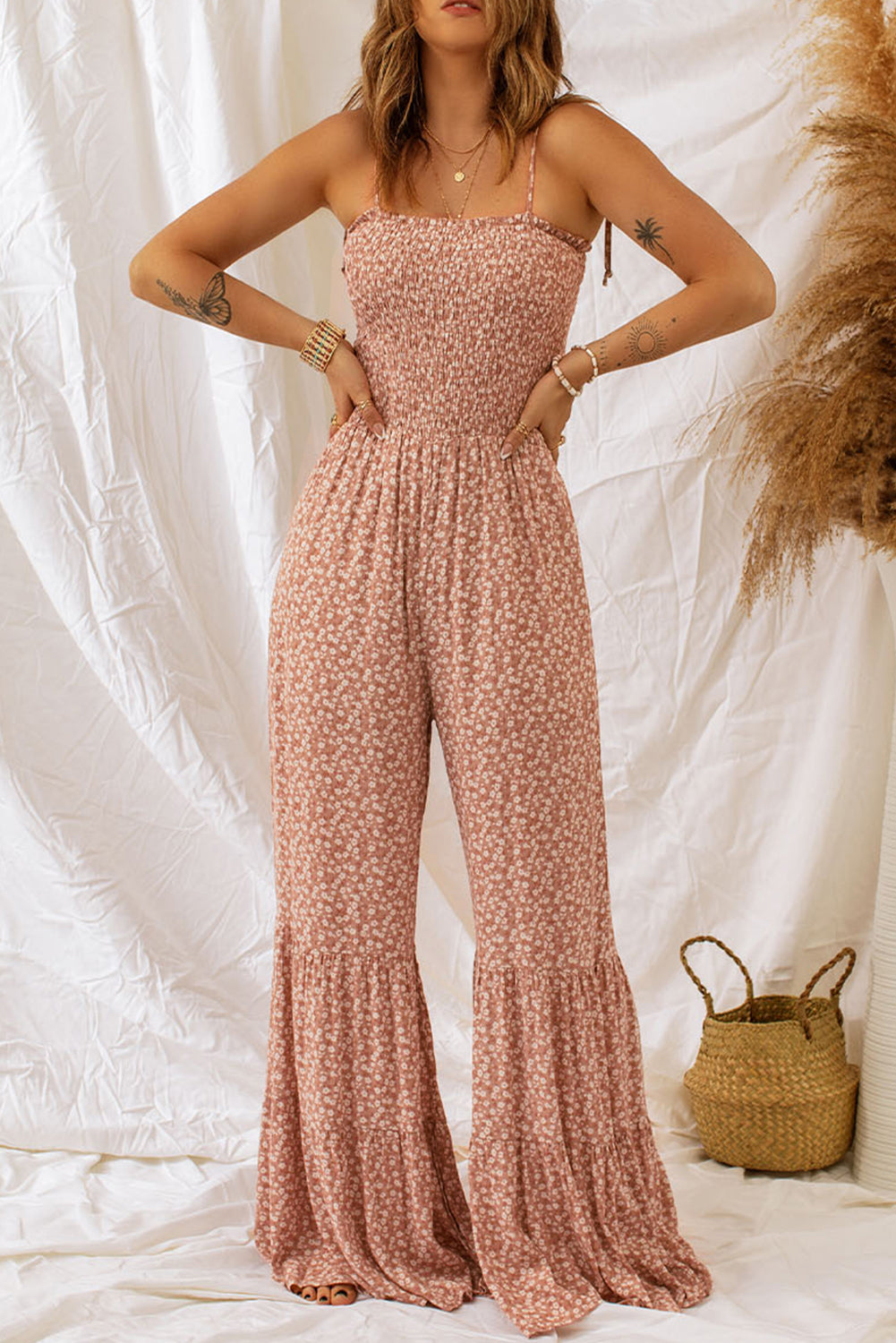 Khaki Strapped Smocked Floral Jumpsuit