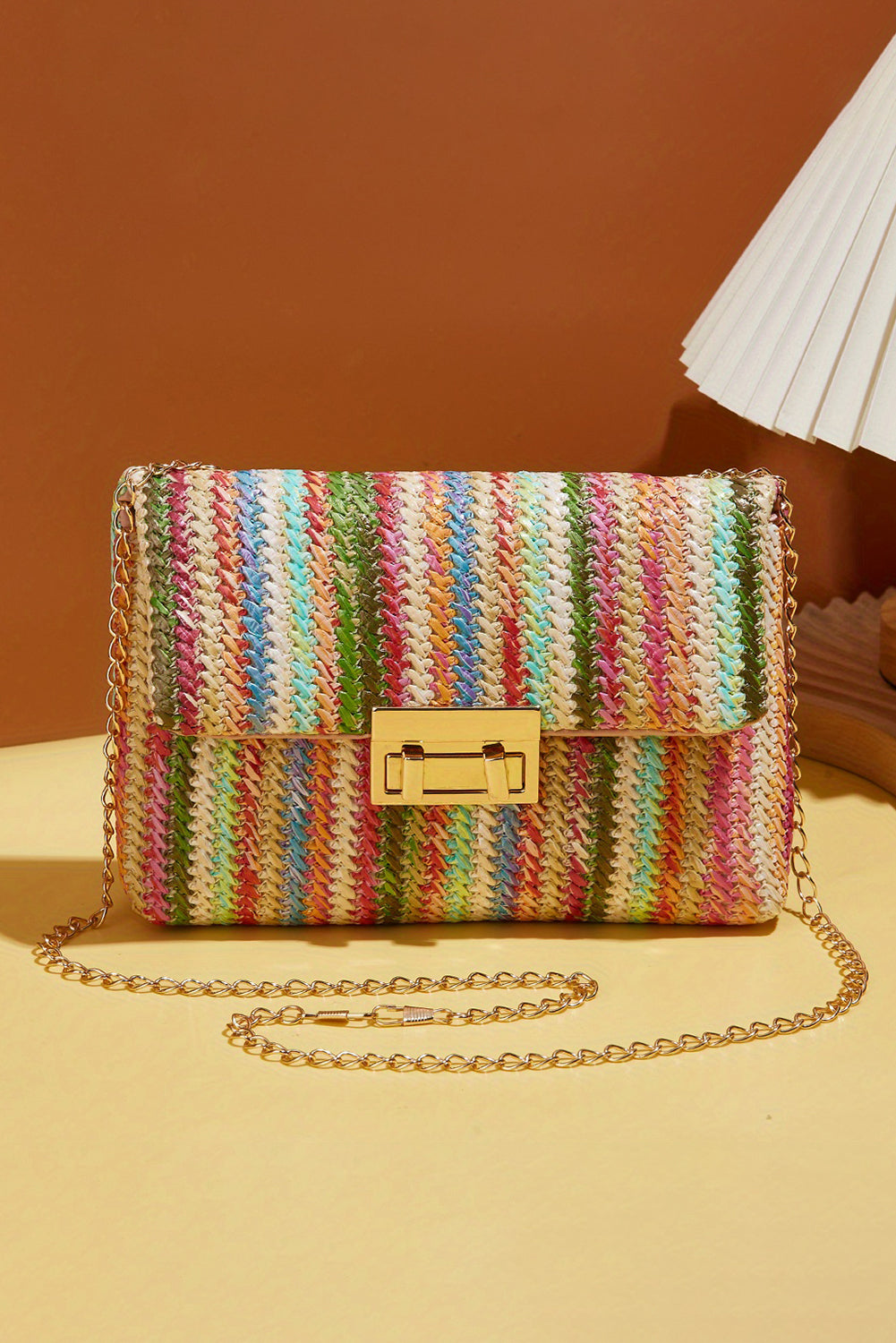 Striped Pink Bohemian Woven Gold Chain Shoulder Bag