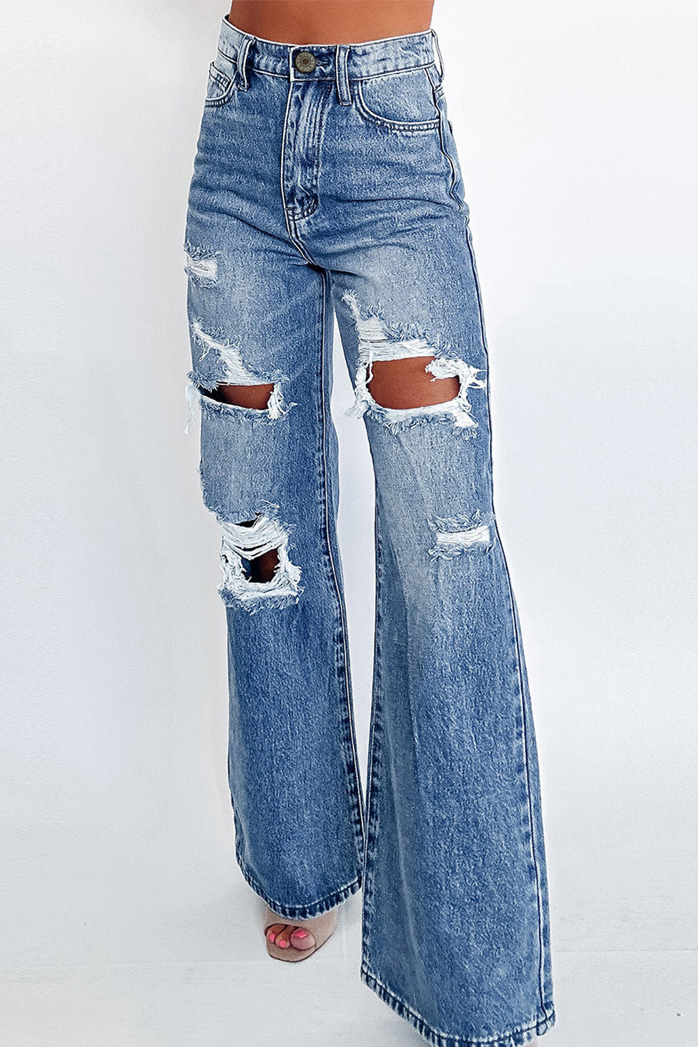 Leila Blue Acid Wash Distressed Wide Leg High Waist Jeans