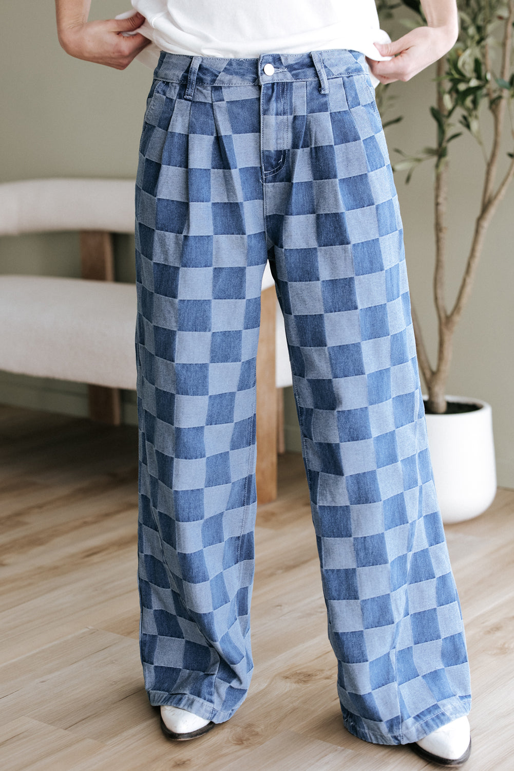 Retro Inspired Checkered Denim Wide Leg Jeans