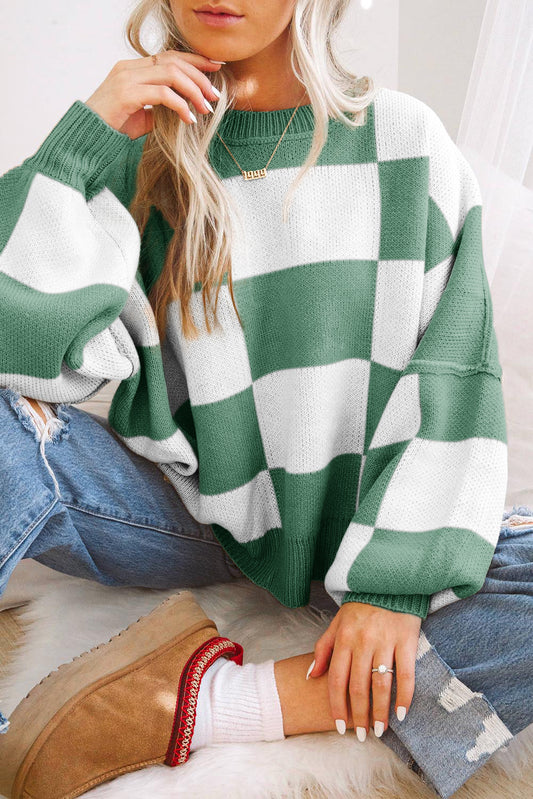 Checkered Bishop Sleeve Sweater Green