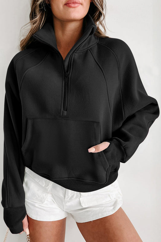 Standing Collar Thumbhole Long Sleeve Zip Up Sweater