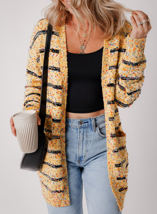 Multicolored Striped Pom Pom Knit Long Cardigan