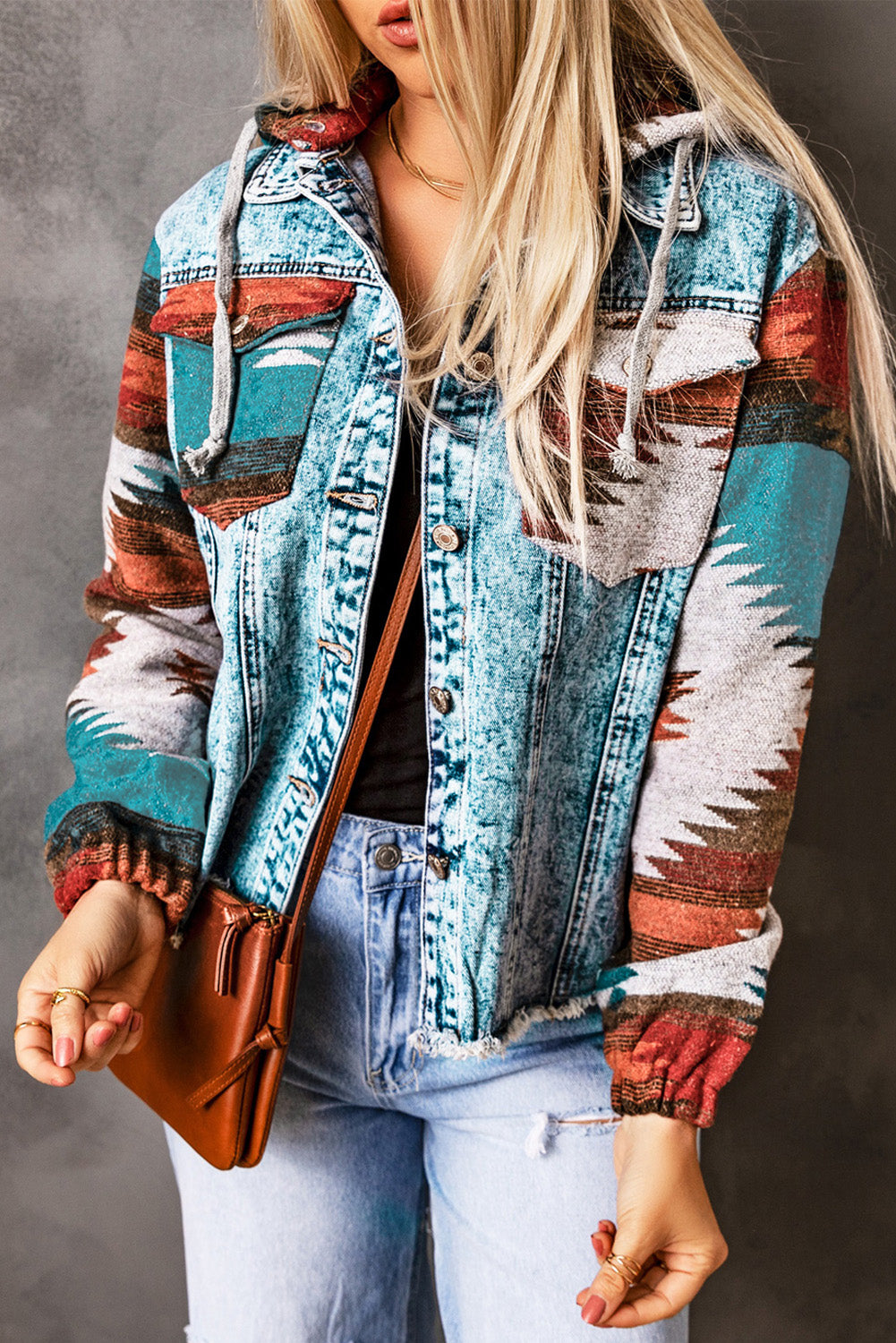 Aztec Print Frayed Hem Denim Jacket