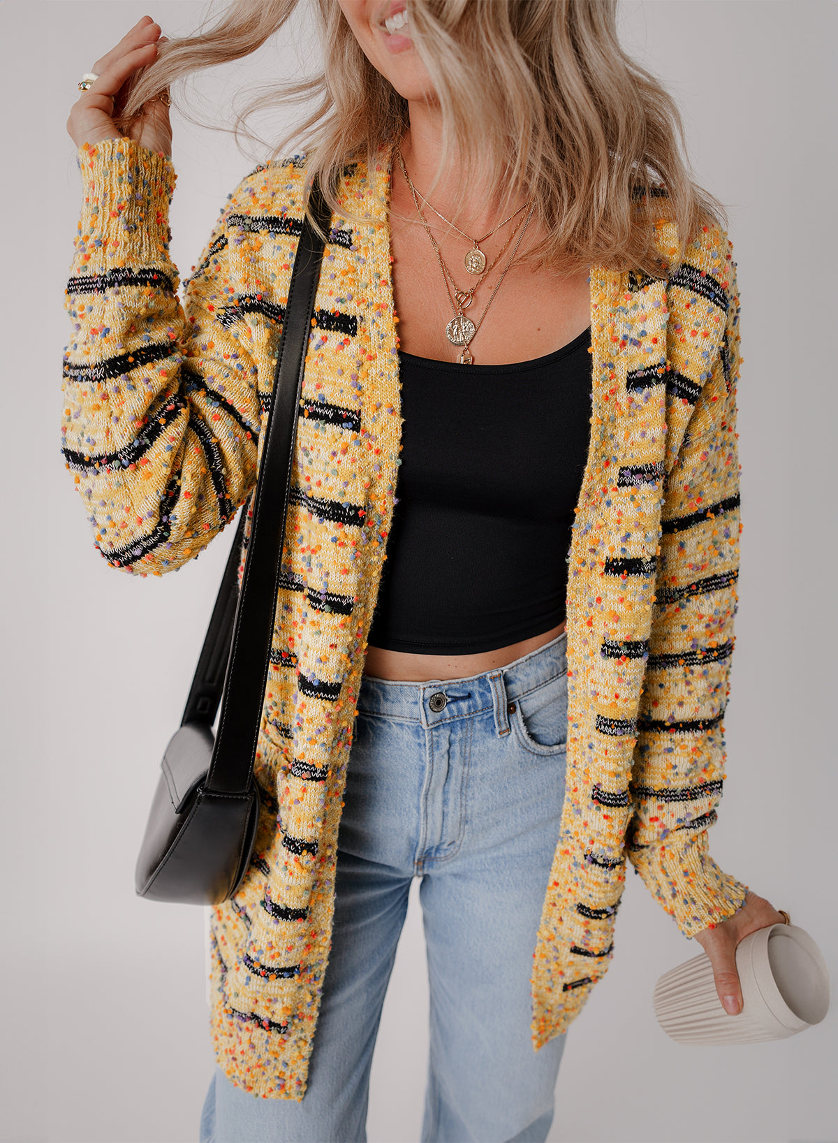 Multicolored Striped Pom Pom Knit Long Cardigan