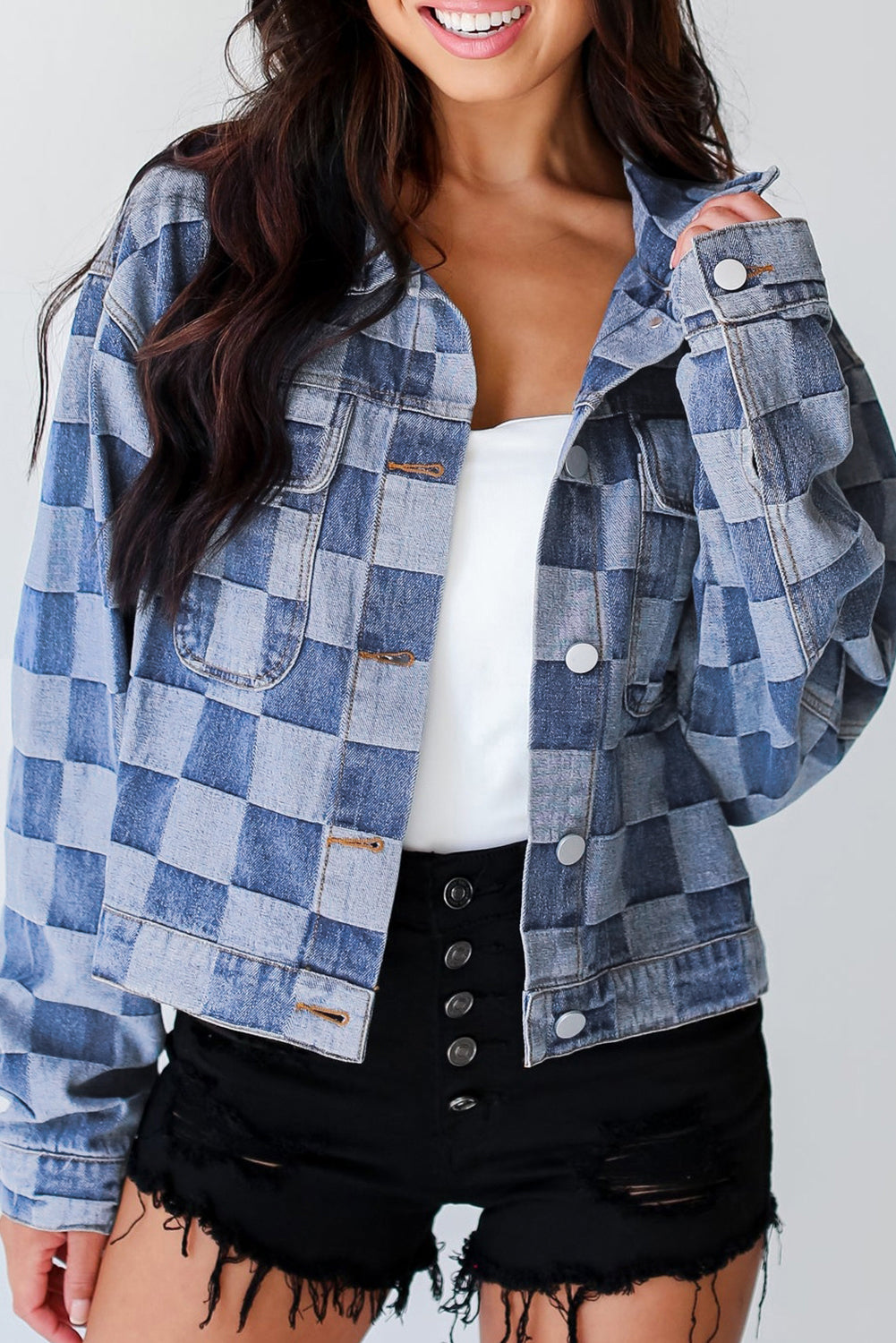 Checkered Patchwork Button up Denim Jacket