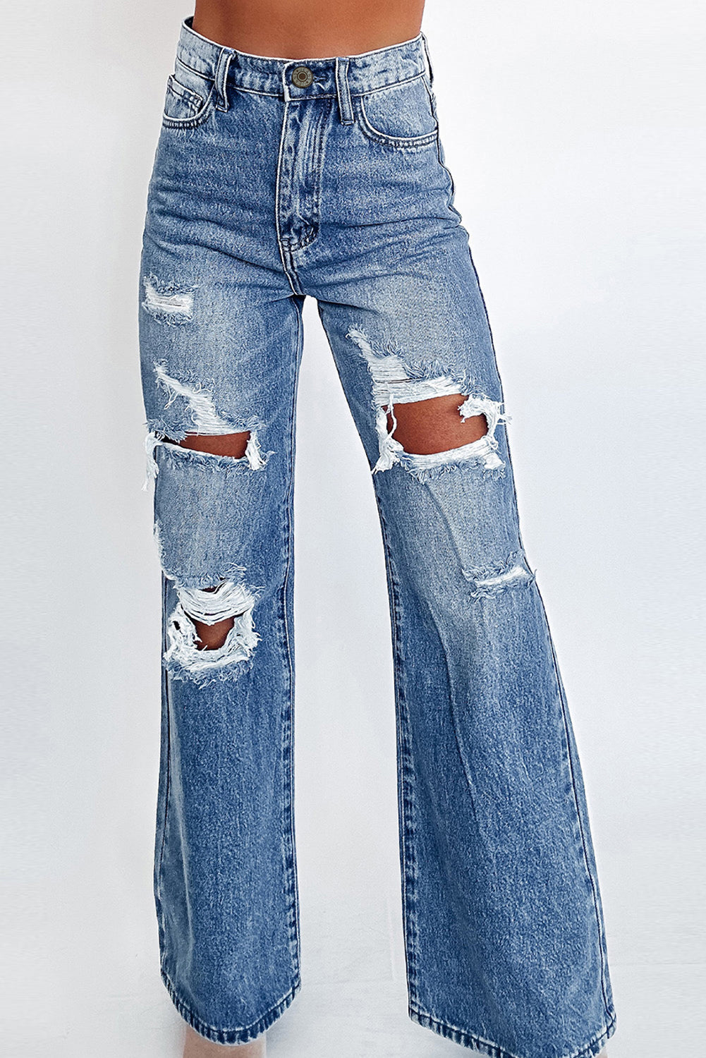 Leila Blue Acid Wash Distressed Wide Leg High Waist Jeans