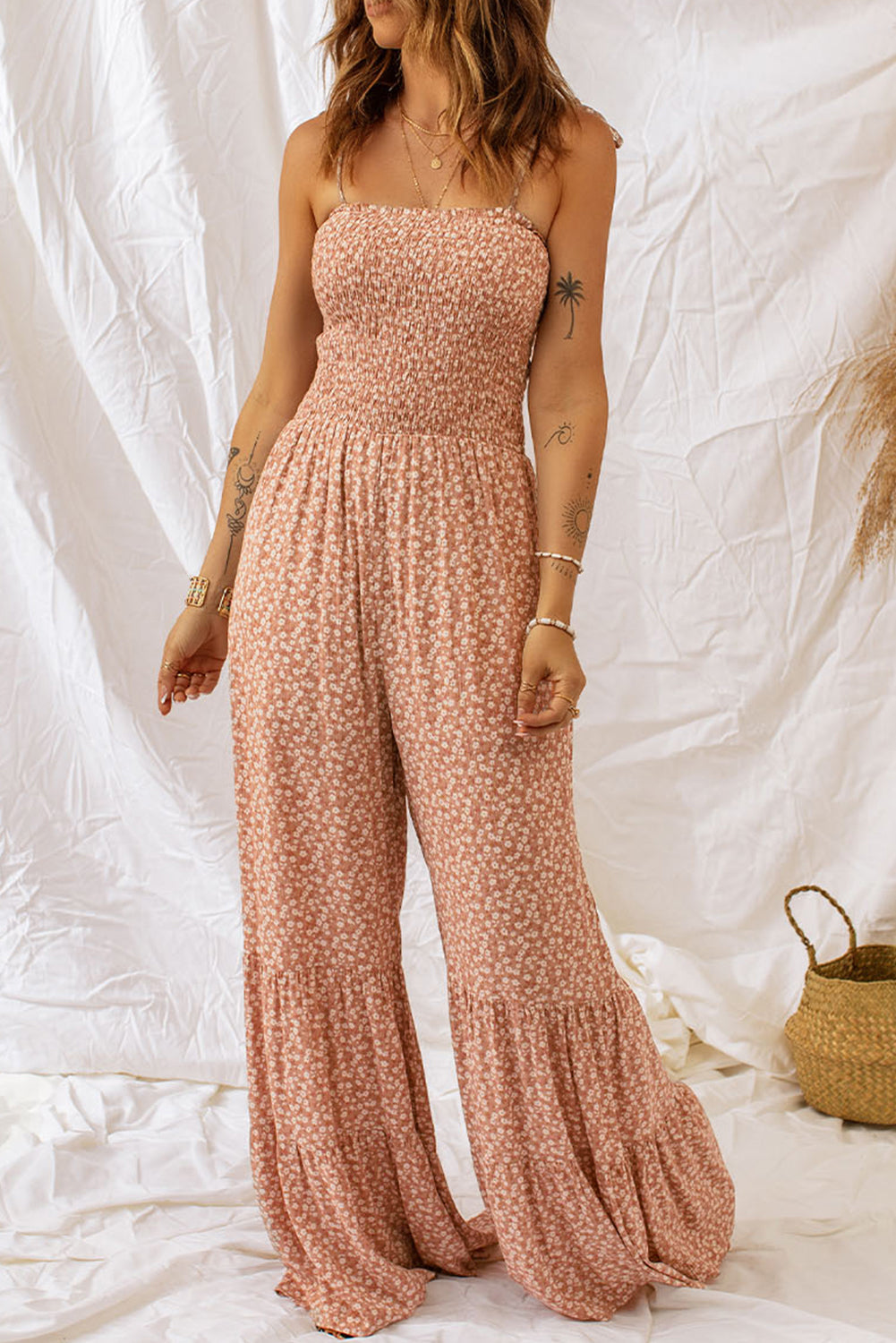 Khaki Strapped Smocked Floral Jumpsuit