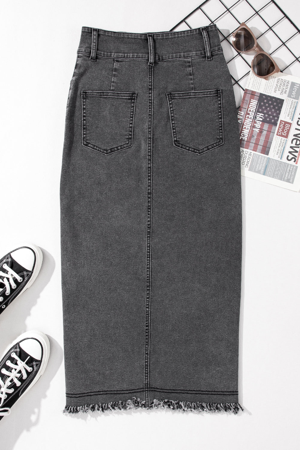 Black Raw Edge Midi Denim Skirt